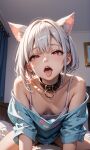 1boy 1girl ai_generated bedroom black_collar blush breasts cat_ears cat_girl cleavage clothed collar ember_paradox female_on_top in_bed indie_virtual_youtuber leaning_forward legs_spread male_on_bottom pov red_eyes small_breasts sweater tank_top tongue tongue_out virtual_youtuber vtuber white_hair white_tank_top