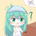  1girl 1girls ? artist_request bare_shoulders blue_panties blush blush bow bow_panties chibi chibi_style cute error_message female_only furniture green_eyes green_hair light_blush long_hair mouth_open open_mouth panties panties_on_head personification polka_dot polka_dot_panties rule_34-tan rule_34_(booru) rule_34_(paheal) site-tan thought_bubble 