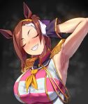  1girl 1girl armpit armpit_crease armpit_fetish astroodragon bakushin_o_armpit_gif_(meme) big_breasts closed_eyes horse_girl sakura_bakushin_o_(umamusume) smile smug sweat sweating touching_hair umamusume umamusume_pretty_derby 