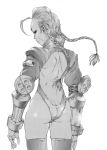 1girl ahoge antenna_hair ass bare_back braid butt_crack cammy_white capcom fingerless_gloves from_behind garrison_cap gloves hat highleg highleg_leotard leotard long_hair looking_back monochrome scar skindentation solo street_fighter street_fighter_zero sumita_kazuasa thighhighs thong_leotard twin_braids