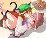  2_girls 2girls animal_ears bandage bandages barefoot blush bowl breath cat_ears cat_tail chen chen_yakumo crab des female food hat heavy_breathing imagining multiple_girls multiple_tails mystia_lorelei no_panties shrimp tail tail_wrap touhou udon yuri 