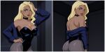  1girl 2koma arm_up ass back bare_back bare_shoulders big_ass big_breasts birds_of_prey black_background black_canary black_canary_(dcau) black_choker black_leotard blonde_female blonde_hair blue_eyes blue_jacket breasts choker cleavage collarbone comic dc_comics dcau dinah_lance female_only female_solo from_behind green_arrow_(series) grey_legwear grey_pantyhose grin half-closed_eyes hand_on_hip heroine highleg highleg_leotard indoors jacket justice_league justice_league_unlimited legs legwear leotard lips lipstick long_hair long_sleeves looking_at_viewer looking_back makeup medium_breasts multiple_views neck off_shoulder open_clothes open_jacket pantyhose parted_lips red_lipstick sequential serious sghero1234 sghero1234_(artist) smile solo_female standing straight_hair strapless strapless_leotard superhero_costume superheroine thighs 
