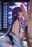  1boy1girl 1girl ai_generated curvy curvy_female curvy_figure erect_penis highschool_of_the_dead kimono long_hair night penis_awe penis_on_face purple_hair saeko_busujima 