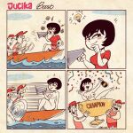 1girl 2boys albo areola barefoot black_hair blush blush_stickers boat breasts celebration comedy comic completely_nude confetti curvaceous curvy curvy_figure dark_hair english_text fancomic female full_body funny humor jucika lightbulb male megaphone naked_female nipples nude nude_female outside sitting text thick_thighs thighs trophy water watersports wine_bottle