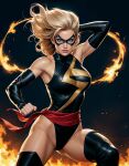 1girl arm_behind_head arm_up armpits avengers bare_shoulders big_breasts black_background black_detached_sleeves black_leotard black_mask black_thighhighs blonde_female blonde_hair blue_eyes breasts carol_danvers clenched_hand closed_mouth detached_sleeves domino_mask expressionless female_only female_solo fire flame floating_hair heroine highleg highleg_leotard legs leotard lips lipstick long_hair looking_at_viewer makeup marvel marvel_comics mask ms._marvel ms._marvel_(carol_danvers) pink_lipstick serious sghero1234 sghero1234_(artist) simple_background skin_tight sleeveless sleeveless_leotard sleeveless_turtleneck standing stockings straight_hair superhero_costume superheroine thighs turtleneck turtleneck_leotard 