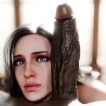 3d 3d_(artwork) 3d_art 3d_artwork 3d_model art black_hair dark-skinned_male derpderp detailed_background digital_art digital_artwork_(media) digital_media digital_media_(artwork) interracial large_penis looking_at_partner looking_at_viewer penis_on_face penis_worship tagme the_witcher_3:_wild_hunt yennefer