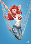 1girl arm_behind_head arms_up bare_arms barefoot blue_background blue_pants breasts cleavage closed_mouth female_only female_solo full_body green_eyes jeans legs legs_together lips lipstick long_hair looking_at_viewer makeup marvel marvel_comics mary_jane_watson medium_breasts midriff outstretched_arm pants patrick_brown patrickbrown red_hair red_lipstick serious shirt short_sleeves small_breasts spider-man_(series) spider_web spiderweb straight_hair thick_lips thighs torn_clothes torn_pants web white_shirt 