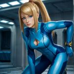  1girl adapted_costume bangs blonde_female blonde_hair blue_bodysuit blue_eyes bodysuit breasts cleavage cleavage_cutout closed_mouth covered_navel female_only female_solo hair_between_eyes hair_intakes hand_on_hip high_ponytail indoors kneel leaning leaning_forward lips lipstick long_hair looking_at_viewer makeup medium_breasts metroid metroid_other_m metroid_zero_mission neck nintendo parted_bangs pink_lipstick ponytail samus_aran sghero1234 sghero1234_(artist) skin_tight smile tied_hair zero_suit zero_suit_samus 