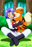 1boy ai_generated blush boots crossed_legs gloves grass growlithe james_(pokemon) pokemon pokemon_(anime) pokemon_character purple_hair sitting sitting_on_floor team_rocket worried worried_expression