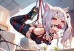  1girl ai_generated arms_behind_back arms_tied_behind_back ball_gag blush bondage breasts cat_ears cat_girl clothed collar crop_top drooling ember_paradox indie_virtual_youtuber living_room medium_breasts red_eyes side_ponytail virtual_youtuber vtuber white_hair 