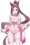 1girl absurd_res animal_ears bare_shoulders big_breasts bikini blush breasts brown_hair cleavage collarbone commentary_request gold_hairband hairband high_res horse_ears horse_girl horse_tail jacket jacket_partially_removed long_hair looking_at_viewer navel pink_bikini pink_jacket ponytail purple_eyes sakura_bakushin_o_(umamusume) stomach swimsuit symbol_in_eye tail thigh_strap umamusume yorozuya_(yoroz_ryobi)