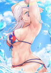  1girl 1girl ;d absurd_res american_flag american_flag_bikini american_flag_print armpits arms_up asymmetrical_bangs big_breasts bikini blue_sky blush breasts bun_cover cloud commentary_request fate/grand_order fate_(series) flag_print flag_print_bikini front-tie_bikini_top front-tie_top grin groin hair_bun high_res kueru_1285 looking_at_viewer looking_to_the_side miyamoto_musashi_(fate) miyamoto_musashi_(swimsuit_berserker)_(fate) miyamoto_musashi_(swimsuit_berserker)_(second_ascension)_(fate) navel one_eye_closed partial_commentary print_bikini sideboob single_side_bun sky smile splashing swimsuit under_boob wading water water_drop wet white_hair 