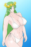 1girl alluring american_(fake) bare_legs big_breasts bikini cleavage goddess green_eyes green_hair kid_icarus nintendo palutena pin_up under_boob