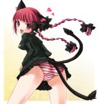  1girl animal_ears ass bow braid cameltoe cat_ears cat_tail fangs female hair_bow heart jpeg_artifacts kaenbyou_rin kimishima_ao kimishima_junsei long_hair looking_back panties red_eyes red_hair rin_kaenbyou solo striped striped_panties tail touhou twin_braids twintails underwear 