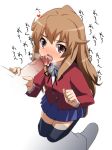 1girl aisaka_taiga blush brown_eyes brown_hair cum fellatio kneeling licking long_hair oral penis petite precum skirt solo solo_focus taiga_aisaka thighhighs toradora! uncensored veins veiny_penis watarabe_keiichi