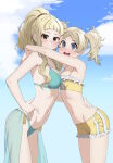  2_girls alluring asymmetrical_docking bikini bikini_shorts blonde_hair blue_bikini blue_eyes breast_press brown_eyes clair_(fire_emblem) cleavage fire_emblem fire_emblem_awakening fire_emblem_echoes:_shadows_of_valentia fire_emblem_heroes frilled_bikini frills high_res intelligent_systems lissa_(fire_emblem) long_hair multiple_girls navel nintendo oppaihobby ponytail shorts swimsuit symmetrical_docking twin_tails yellow_bikini 