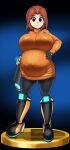  1girl 1girl 1girls :| alternate_breast_size arm_cannon belt belt_buckle big_breasts black_eyes black_footwear black_gloves black_leggings black_pantyhose blue_background boots breasts brown_belt brown_hair buckle captain_kirb closed_mouth clothing curvy dress expressionless forehead full_body gloves gun hair_intakes hand_on_own_hip huge_breasts knee_boots leggings legs_apart long_hair long_sleeves looking_at_viewer medium_hair mii mii_gunner mii_gunner_(smash_4) mob_face narrow_waist neon_trim nintendo orange_dress orange_footwear orange_sweater pantyhose parted_bangs pregnant pregnant_belly pregnant_female short_dress short_hair skindentation standing super_smash_bros. sweater sweater_dress taut_clothes thick_thighs thighs trophy turtleneck turtleneck_dress turtleneck_sweater weapon wide_hips 