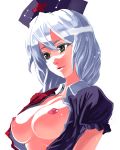 1girl bad_id breasts brown_eyes bust colored_eyelashes eirin_yagokoro eyelashes face female hat kumadano large_breasts lips long_hair nipples nurse_cap open_clothes open_shirt shirt silver_hair solo touhou upper_body yagokoro_eirin