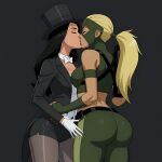  2_girls archer arrow_(projectile) artemis_(dc) artemis_crock ass bangs belt big_ass black_belt black_hair black_hat black_headwear black_jacket blonde_female blonde_hair bow bowtie breasts closed_eyes corset couple dc_comics duo female/female female_only fingerless_gloves friends gloves green_gloves green_mask green_pants green_shirt grey_background grey_legwear grey_pantyhose hat headwear heroine huge_ass hugging jacket kissing legs legs_together legwear lips lipstick long_hair long_sleeves love magician makeup mask medium_breasts midriff multiple_female multiple_girls mutual_yuri neck open_clothes open_jacket pants pantyhose parted_bangs pink_lipstick ponytail quiver romantic romantic_couple sghero1234 sghero1234_(artist) shirt simple_background sleeveless sleeveless_shirt sleeveless_turtleneck standing straight_hair strapless superhero_costume superheroine thick_thighs thighs tied_hair top_hat turtleneck turtleneck_shirt utility_belt white_bow white_bowtie white_corset white_gloves young_justice yuri zatanna zatanna_(young_justice) zatanna_zatara 