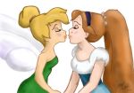  2_girls art bookxworm89_(artist) crossover disney disney_fairies fairy incipient_kiss kissing love multiple_girls thumbelina_(character) thumbelina_(film) tinker_bell yuri 