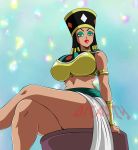  big_breasts black_hair breasts brown_skin dicasty dicasty1 dragon_ball_super egyptian egyptian_clothes egyptian_headdress female goddess gold_beads green_eyes headdress heles_(dbs) red_lipstick solo tanned_skin turquoise_eye_shadow turquoise_sash 