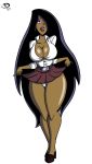 1girl black_hair danny_phantom dark_skin desiree frostbiteboi green_eyes human nickelodeon pantyshot shiny shiny_skin skirt skirt_lift white_background white_panties