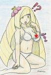 ! !? ? ?! aether_foundation artist_name bra breasts censored drawing flower flower_on_head hair_flower lusamine medium_breasts milf nekotuyo nipples panties pokemon pokemon_sm porkyman shocked star star_censor strap_slip surprised text twitter twitter_username white_bra white_panties