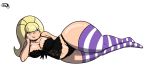 1girl 2017 big_breasts black_panties blonde_hair blue_eyes breasts disney earrings frilly_panties frostbiteboi gravity_falls lingerie long_hair lying on_side pacifica_northwest panties shiny shiny_skin smile stockings striped striped_legwear white_background wide_hips