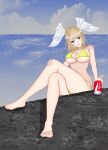  1girl alluring angel_wings_headband bare_legs big_breasts bikini blue_eyes brown_hair cleavage eunie_(xenoblade) nintendo pigroom_ton4 xenoblade_(series) xenoblade_chronicles_3 