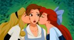  3_girls art beauty_and_the_beast black_hairband blonde_hair blue_bow bow brown_eyes brown_hair brown_lipstick cheek_kiss closed_eyes company_connection crossover disney double_cheek_kiss dress gasping hair_bow hairband kissing lips lipstick long_hair looking_at_another love mandygirl78_(artist) multiple_girls neck open_mouth parted_lips princess_ariel princess_aurora princess_belle red_hair red_lipstick round_teeth sleeping_beauty surprised teeth the_little_mermaid upper_body yuri 