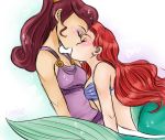 2_girls arm arm_support arms art bare_arms bare_shoulders bikini blush breasts brown_hair closed_eyes company_connection crossover disney dress eyeshadow heart hercules kissing long_hair love makeup megara midriff multiple_girls mutual_yuri neck oni-moon_(artist) ponytail princess_ariel purple_dress red_hair shell_bikini sparkle strapless strapless_bikini the_little_mermaid yuri