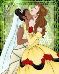 2_girls art beauty_and_the_beast black_hair brown_hair closed_eyes crossover dark-skinned_female dark_skin disney dress interracial kissing long_hair love multiple_girls mutual_yuri neck neck_kiss orange_hair princess_belle princess_tiana short_hair the_princess_and_the_frog theminions13 yuri