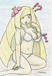 ! !? ? ?! aether_foundation artist_name bra breasts drawing flower flower_on_head hair_flower lusamine medium_breasts milf nekotuyo nipples panties pokemon pokemon_sm porkyman shocked strap_slip surprised text twitter twitter_username uncensored white_bra white_panties