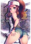  1girl blue_eyes breasts brown_hair creatures_(company) female_only female_protagonist_(pokemon_bw2) game_freak hilda_(pokemon) humans_of_pokemon jean_shorts light-skinned_female looking_back naoto_(yandereheaven) nintendo pokemon pokemon_(anime) pokemon_(game) pokemon_black_2_&amp;_white_2 pokemon_black_and_white pokemon_bw pokemon_bw2 touko_(pokemon) white_(pokemon) wristband 