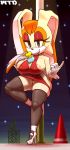 1girl anthro big_breasts breasts brown_eyes brown_hair chao clothing duo footwear furry gloves hair half-closed_eyes high_heels high_res lagomorph legwear mammal marthedog on_one_leg pubic_hair pussy rabbit sega shoes standing stockings vanilla_the_rabbit