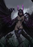 1girl armor black_hair breasts claws dark dragon_horns dragon_tail dragon_wings glowing glowing_wings gore_magala grass high_res horns less long_hair looking_at_viewer medium_breasts monster_girl monster_hunter navel no_eyes scales simple_background smile standing tail wings