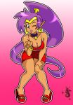  1girl blown_kiss blue_eyes breasts cleavage collar dark-skinned_female dark_skin dress hair_ornament hand_on_leg high_heels leaning_forward legs lips one_eye_closed pointy_ears ponytail purple_hair red_dress red_high_heels shantae shantae_(character) shining_tatsu thighs very_long_hair 