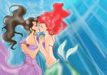 2_girls arm arms art bare_arms bare_shoulders bikini blush brown_hair bubble closed_eyes collarbone company_connection crossover disney dress eyeshadow hercules hugging juliahvt_(artist) kissing lavender_dress lips lipstick long_hair love makeup megara mermaid midriff multiple_girls mutual_yuri navel neck ponytail princess_ariel purple_dress red_hair shell_bikini strapless strapless_bikini the_little_mermaid underwater yuri