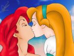  2_girls art closed_eyes crossover disney hairband kissing long_hair love multiple_girls mutual_yuri neck orange_hair princess_ariel red_hair the_little_mermaid theminions13 thumbelina_(character) thumbelina_(film) yuri 