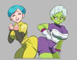 2_girls anime_milf armor ass big_ass blue_hair bulma_brief cheelai clothed_female dragon_ball dragon_ball_super dragon_ball_super:_super_hero female_focus female_only funsexydragonball gloves green_skin high_res mature mature_female milf short_hair shounen_jump simple_background tagme white_hair