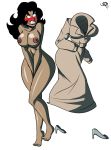 1girl black_hair blush breasts coat cookie_baboom cover_up covering_crotch earrings feet frostbiteboi green_eyes long_hair mole nipples nude overcoat piercing red_lipstick shiny shiny_skin the_mask:_animated_series trenchcoat