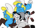 2girls ass black_hair blonde_hair breasts cum cum_on_face dark-skinned_male hotdogging licking long_hair multiple_girls nipples nude penis pussy semen short_hair smile smurfette the_smurfs