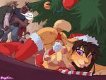 animal_ears anthro ass blush bottomless brown_hair christmas christmas_outfit comic feline fur furry hat interspecies looking_up purple_eyes red_legwear saliva santa_hat sex shirt sleeveless sleeveless_shirt stockings tail tammy_(wolfy-nail) tammy_xmas threesome uncensored wolfy-nail