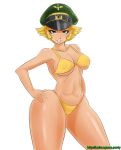 artist_request big_breasts bikini cleavage covered_nipples erwin_(girls_und_panzer) girls_und_panzer hand_on_hip hat looking_at_viewer naughty_face nipples seductive_eyes seductive_smile smile swimsuit twitter wide_hips yellow_bikini yellow_swimsuit