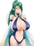  1girl alternate_breast_size bare_shoulders big_breasts bikini bird_wings blush breasts brooch brown_eyes center_opening circlet cleavage cowboy_shot duel_monster frown garter_straps green_hair halterneck harpie_queen harpy high_ponytail hips huge_breasts jewelry leotard long_hair looking_at_viewer monster_girl navel nose_blush ogura_anko pointy_ears ponytail queen revealing_clothes sideboob sidelocks simple_background sketch sling_bikini standing swimsuit turtleneck very_long_hair white_background wings yellow_eyes yu-gi-oh! 