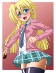  1girl black_legwear blonde_hair blue_eyes blush card freckles glasses hajime_shindo long_hair neck_tie open_mouth rebecca_hawkins rebecca_hopkins school_uniform skirt smile stockings yu-gi-oh! yuu-gi-ou yuu-gi-ou_duel_monsters zettai_ryouiki 