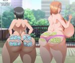 ass big_ass big_breasts bleach body_writing breasts dat_ass ecchi-enzo_(artist) female inoue_orihime kuchiki_rukia rtenzo_(artist) rukia_kuchiki swimsuit text thong topless