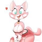 <3 1girl 2017 anthro areola bell_collar blue_eyes bluedrg19 breasts cat cleavage clothed clothing collar feline furry high_res male mammal open_mouth penis shima_luan simple_background solo_focus super_planet_dolan tongue tongue_out white_background