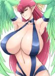  1girl alternate_breast_size bare_shoulders big_breasts bikini bird_wings blue_eyes blush breasts brooch center_opening cleavage collar cowboy_shot duel_monster frown halterneck harpie_lady harpy hips huge_breasts jewelry leotard long_hair looking_at_viewer monster_girl navel ogura_anko pointy_ears red_hair revealing_clothes sideboob simple_background sketch sling_bikini smile standing swimsuit very_long_hair white_background wings yu-gi-oh! yuu-gi-ou_duel_monsters 