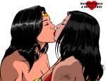 2_girls bare_shoulders black_hair breasts character_name cleavage closed_eyes dc_comics dcau diana_prince donna_troy hugging jewelry justice_league kaywest kissing lips lipstick long_hair love makeup multiple_girls mutual_yuri neck red strapless tiara upper_body wonder_girl wonder_woman wonder_woman_(series) yuri